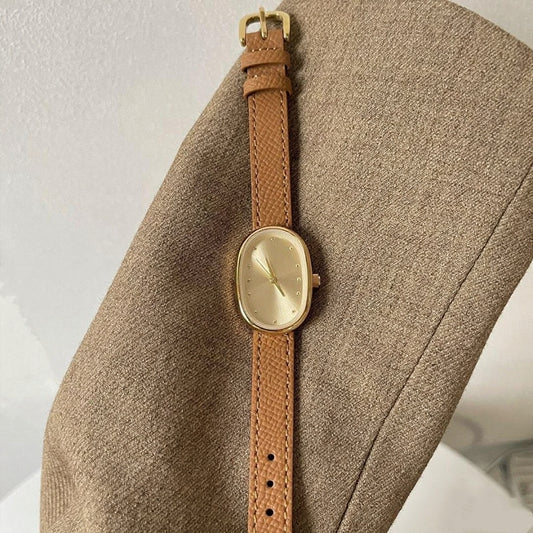 Elegant Commuting Gold Leather Strap Office Watch with Brown Band and Gold Dial